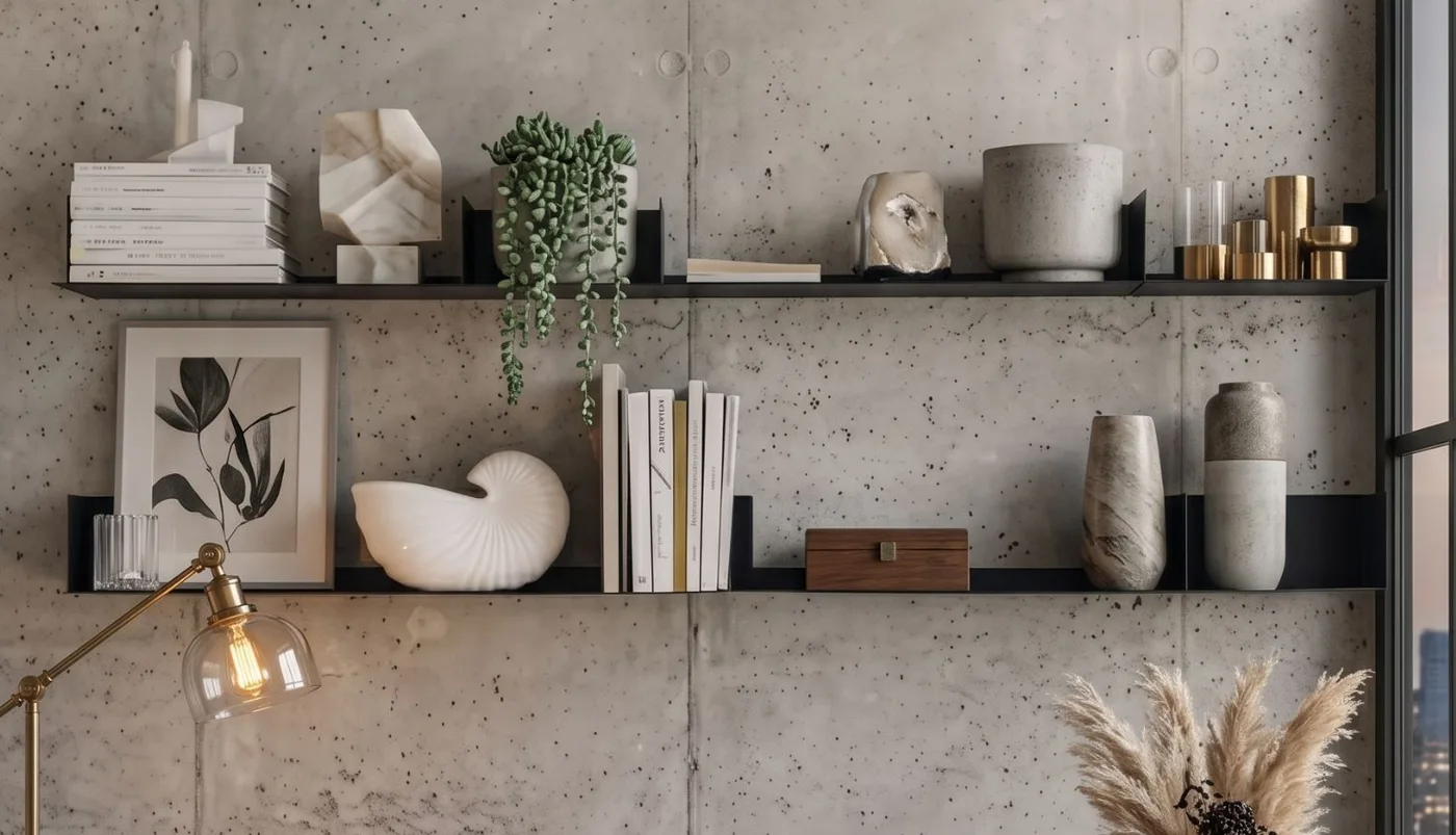 Betonlook wand met stalen schappen