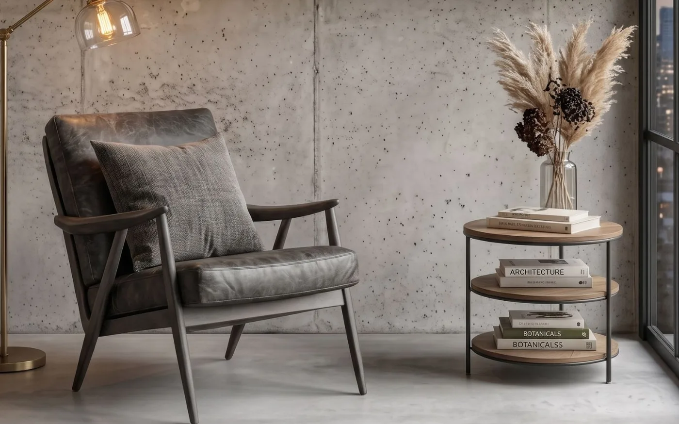 Interieur met betonlook wand, fauteuil en vloerlamp